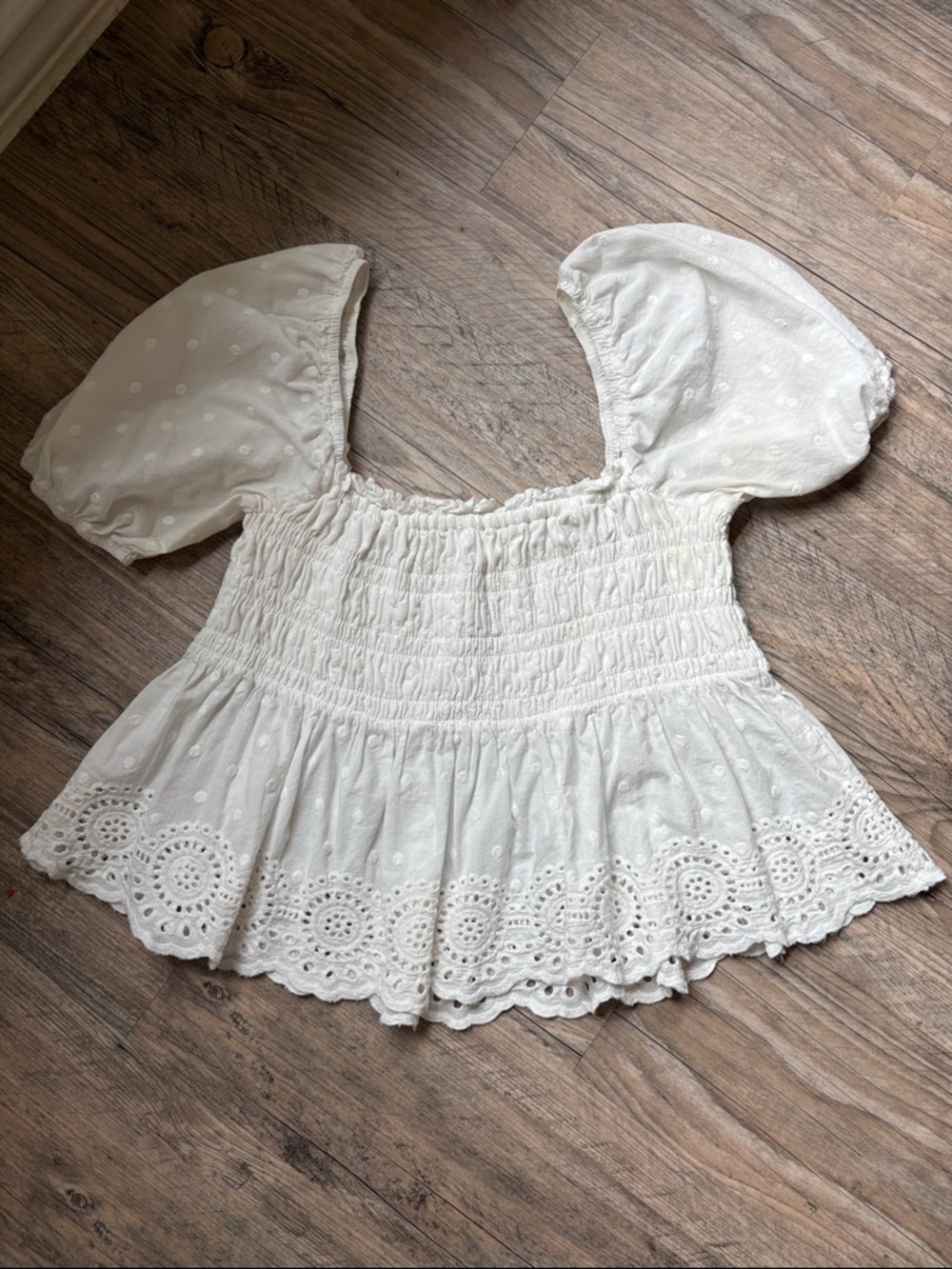 Altar'd State White Eyelet Smocked Puff Sleeve Top